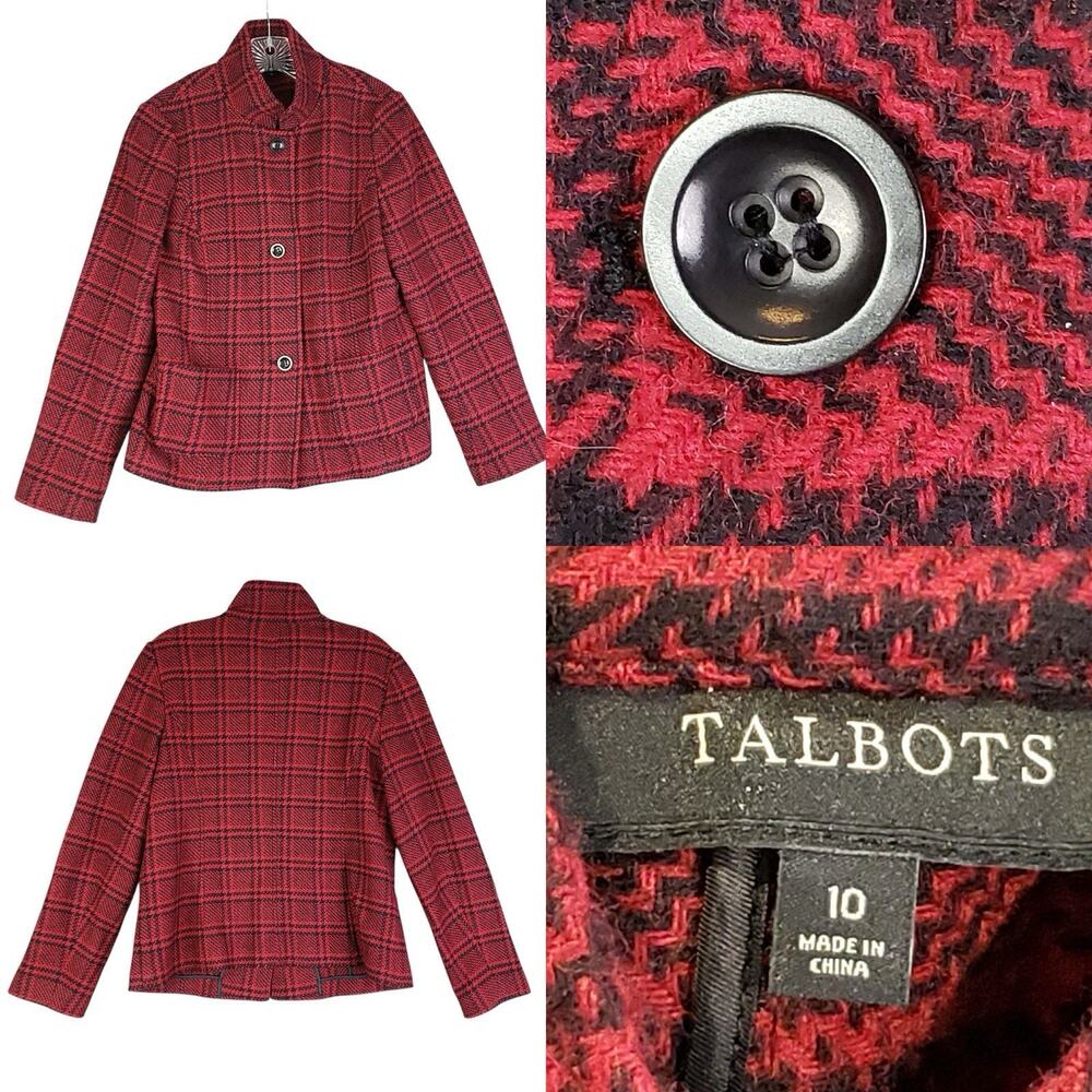Talbots Blazer Jacket Women’s 10 Wool Button Lined Red Plaid Wool Lined